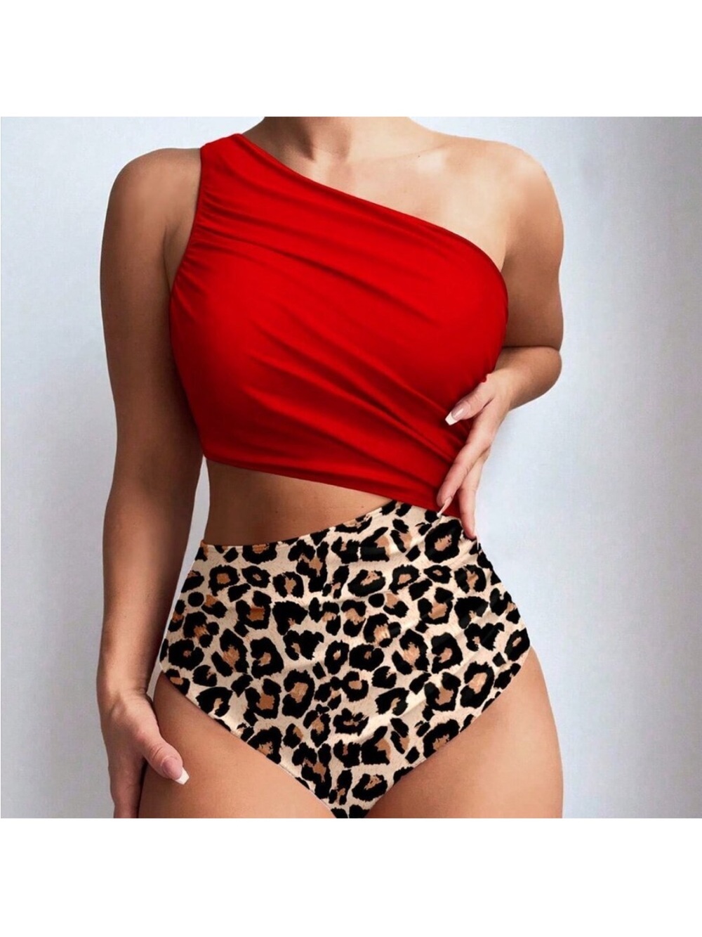 SHEIN One-Shoulder Red with Leopard High-Waist Bottom Swimsuit. New!